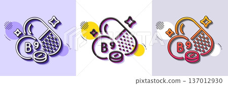 Vitamin B9 line icon. Halftone dotted pattern. Gradient icon with grain shadow. Folate food nutrient sign. Capsule or pill supplement symbol. Line folate vitamin icon. Various designs. Vector 137012930