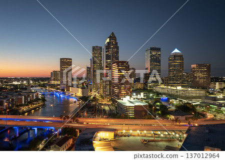 American city skyline with brightly illuminated high commercial buildings and bridge over Hillsborough river. Night urban landscape of downtown district of Tampa in Florida, USA. American city skyline with brightly illuminated high commercial buildings and bridge over Hillsborough river. Night urban landscape of downtown district of Tampa in Florida, USA. 137012964