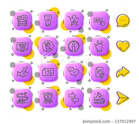Sunscreen, Car service and Fish line icons. App 3d buttons. Social media comment, share, like icons. Pack of Fingerprint, Buy button, Info icon. Synchronize, Reward, Discount banner pictogram. Vector Sunscreen, Car service and Fish line icons. App 3d buttons. Social media comment, share, like icons. Pack of Fingerprint, Buy button, Info icon. Synchronize, Reward, Discount banner pictogram. Vector 137012997