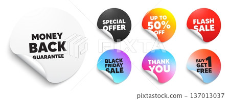 Money back guarantee sticker tag. Special offer paper price tags. Money back guarantee tag. Promo offer sign. Advertising promotion symbol. Discount, black friday sticker. Promo banner. Vector 137013037