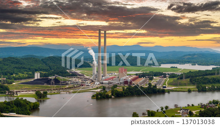 Aerial view of Kingston power plant in Roane County, Tennessee. Major coal-fired power plant producing electricity. Fossil fuel usage for energy production 137013038