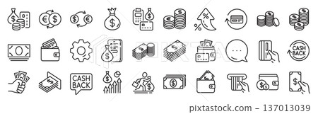Money line icons. Settings gear, Message, Inflation icons. Set of Banking, Wallet and Coins icons. Credit card, Currency exchange and Cashback money service. Vector 137013039