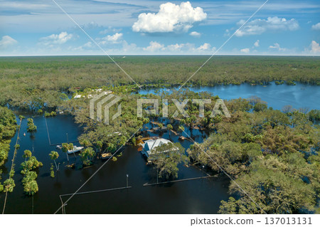 Heavy flood with high water surrounding residential houses after hurricane Ian rainfall in Florida residential area. Consequences of natural disaster 137013131