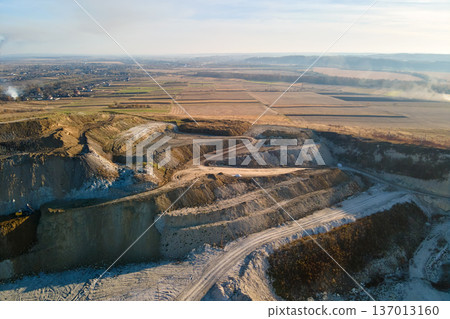 Aerial view of open pit mine of sandstone materials for construction industry with excavators and dump trucks. Heavy equipment in mining and production of useful minerals concept 137013160