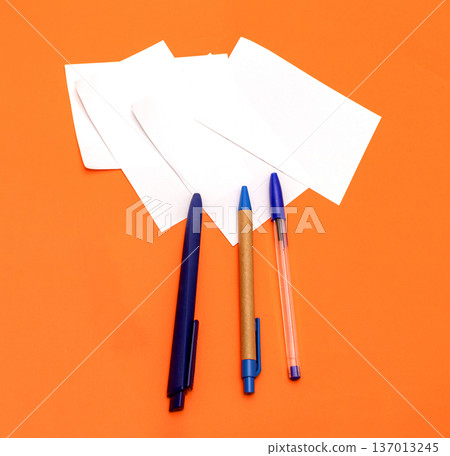 Blue stationery tools on orange Blue stationery tools on orange 137013245