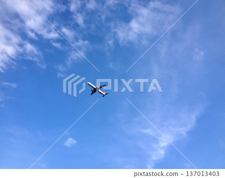 Airplane flying across blue sky with clouds. Aviation travel, freedom journey and transportation concept. Airplane flying across blue sky with clouds. Aviation travel, freedom journey and transportation concept. 137013403