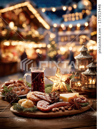 Cozy European Christmas Market Food Spread: Festive Board of Rustic Cookies, Star Anise, Smoked Sausage, Cheese, Mulled Wine, and Lanterns Set Against a Blurred Nighttime Stall Backdrop 137013446