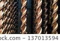 Close-up of twisted metal rods or drill bits arranged vertically in a row. The black and white photography with shallow depth of field emphasizes the metal texture, rhythmic forms 137013594