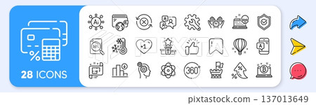Bitcoin, Atom and Approved shield line icons. Interest rate, AI generate, Inflation icons. Pack of Safe time, Air balloon, Ab testing icon. Decreasing graph, Thoughts, Support chat pictogram. Vector Bitcoin, Atom and Approved shield line icons. Interest rate, AI generate, Inflation icons. Pack of Safe time, Air balloon, Ab testing icon. Decreasing graph, Thoughts, Support chat pictogram. Vector 137013649
