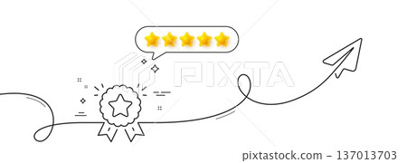 Ranking star line icon. Continuous line with share plane. Winner medal sign. Best rank symbol. Five star rate review in speech bubble. Ranking star single line ribbon. Loop curve pattern. Vector 137013703