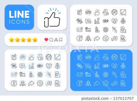 Recruitment, Power info and Support line icons for web app. Message, Share, Like social media icons. Pack of Inclusion, Ranking star, Square area pictogram icons. Vector Recruitment, Power info and Support line icons for web app. Message, Share, Like social media icons. Pack of Inclusion, Ranking star, Square area pictogram icons. Vector 137013707