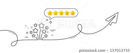 Fireworks stars line icon. Continuous line with share plane. Pyrotechnic salute sign. Carnival celebration lights symbol. Five star rate review in speech bubble. Vector 137013735