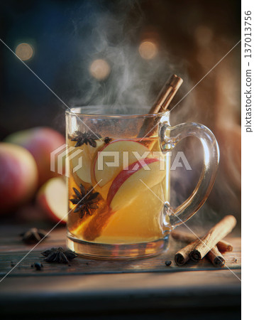 glass mug of hot, steaming apple cider garnished with cinnamon sticks and star anise. The warm, inviting winter drink is set on dark wooden table with blurred background bokeh lights and fresh apples glass mug of hot, steaming apple cider garnished with cinnamon sticks and star anise. The warm, inviting winter drink is set on dark wooden table with blurred background bokeh lights and fresh apples 137013756