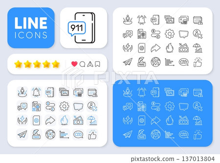 Money calculator, Emergency call and Safe energy line icons for web app. Message, Share, Like social media icons. Pack of File management, Notification bell, Photo album pictogram icons. Vector Money calculator, Emergency call and Safe energy line icons for web app. Message, Share, Like social media icons. Pack of File management, Notification bell, Photo album pictogram icons. Vector 137013804
