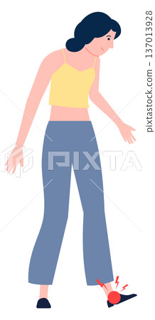 Woman with ankle injury. Red pain spot icon Woman with ankle injury. Red pain spot icon 137013928