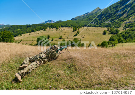 Camouflaged Sniper Soldier Lying In Grass With Precision Rifle Overlooking Mountain Valley Camouflaged Sniper Soldier Lying In Grass With Precision Rifle Overlooking Mountain Valley 137014057