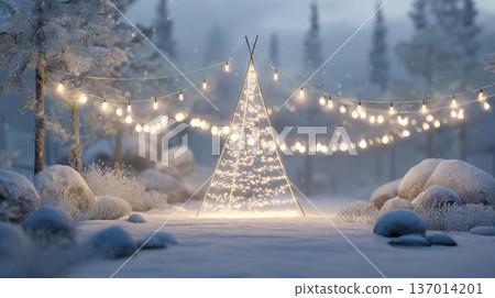 Magical Outdoor Winter Light Display: A Simple, Geometric Christmas Tree Structure Made of Twinkling String Lights, Surrounded by Snow-Covered Trees and Rocks in a Misty, Cold Night Landscape 137014201