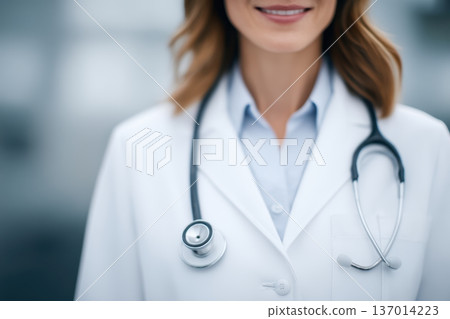 A Confident Female Doctor Wearing a White Coat and Holding a Stethoscope for Patient Care A Confident Female Doctor Wearing a White Coat and Holding a Stethoscope for Patient Care 137014223