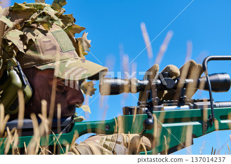Camouflaged Sniper Soldier Watching Through Rifle Scope While Prone in Grass Field Under Blue Sky Camouflaged Sniper Soldier Watching Through Rifle Scope While Prone in Grass Field Under Blue Sky 137014237