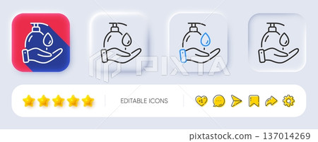 Wash hands line icon. Neumorphic, Flat shadow, 3d buttons. Covid hygiene sign. Washing liquid symbol. Line wash hands icon. Social media icons. Vector 137014269