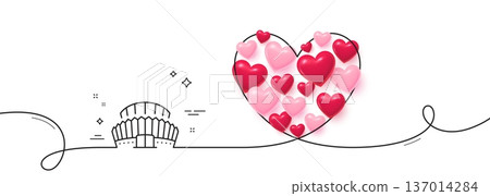 Sports stadium line icon. Continuous line big heart. Arena sign. Sport complex symbol. 3d hearts in heart shaped loop. Sports stadium single line ribbon. Loop curve pattern. Vector 137014284