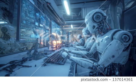 Futuristic Robotics Assembly Line of Sleek White Androids Working on Computers, Monitoring Complex Scientific Data and Advanced Diagnostic Screens 137014361
