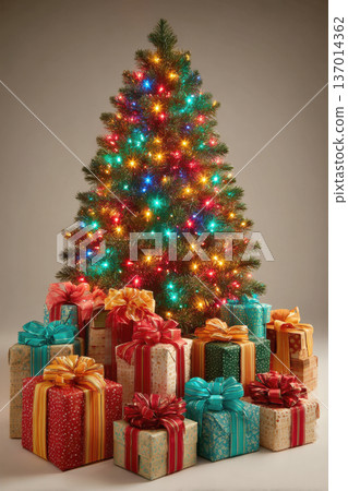 Beautifully Illuminated Artificial Christmas Tree Adorned with Multicolored Lights and Surrounded by Many Thoughtfully Wrapped Gift Boxes Beautifully Illuminated Artificial Christmas Tree Adorned with Multicolored Lights and Surrounded by Many Thoughtfully Wrapped Gift Boxes 137014362