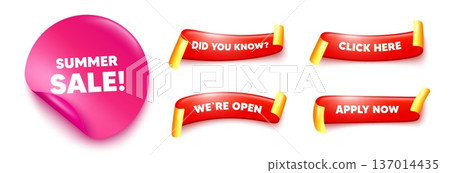 Summer sale sticker, offer ribbons. Apply now, Did you know. Summer Sale tag. Special offer price sign. Advertising Discounts symbol. Pink sticker tag. Flag ribbon banners. Vector Summer sale sticker, offer ribbons. Apply now, Did you know. Summer Sale tag. Special offer price sign. Advertising Discounts symbol. Pink sticker tag. Flag ribbon banners. Vector 137014435