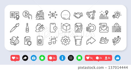 Data security, Cooking beaker and Mail newsletter line icons pack. Social media: share, comment, like icons. Sim card, Champagne, Bitcoin pay web icon. Vector Data security, Cooking beaker and Mail newsletter line icons pack. Social media: share, comment, like icons. Sim card, Champagne, Bitcoin pay web icon. Vector 137014444