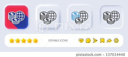 World money line icon. Neumorphic, Flat shadow, 3d buttons. Global markets sign. Internet payments symbol. Line world money icon. Social media icons. Vector World money line icon. Neumorphic, Flat shadow, 3d buttons. Global markets sign. Internet payments symbol. Line world money icon. Social media icons. Vector 137014448