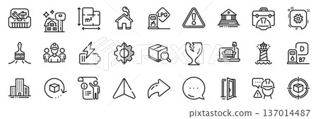 Warning, Home and Diesel station line icons pack. Share, Message, Paper plane icons. Fragile package, Builder warning, Brush web icon. Lighthouse, Cogwheel, Court building pictogram. Vector Warning, Home and Diesel station line icons pack. Share, Message, Paper plane icons. Fragile package, Builder warning, Brush web icon. Lighthouse, Cogwheel, Court building pictogram. Vector 137014487