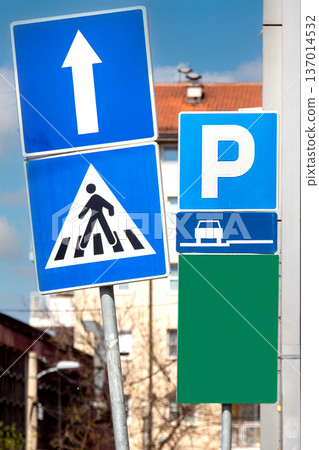 Stack of transportation traffic signs on street Stack of transportation traffic signs on street 137014532