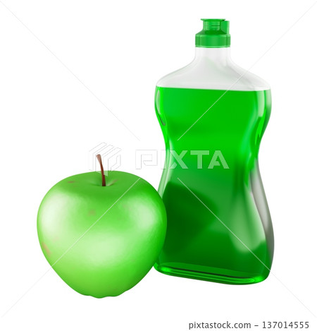 Green dishwashing liquid bottle with apple scent. 3d rendering Green dishwashing liquid bottle with apple scent. 3d rendering 137014555