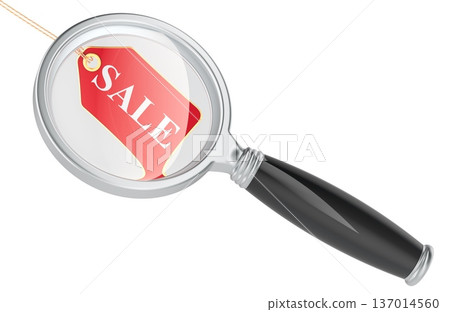 Magnifying glass searching for sale discount tag, price search and shopping discounts, 3d rendering 137014560