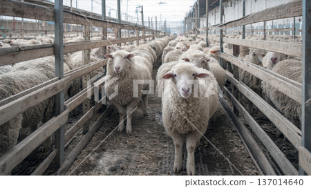 densely packed sheep barn or holding pen, focusing on two sheep looking directly at the camera through wooden and metal fences. The image highlights the reality of industrial livestock farming. densely packed sheep barn or holding pen, focusing on two sheep looking directly at the camera through wooden and metal fences. The image highlights the reality of industrial livestock farming. 137014640