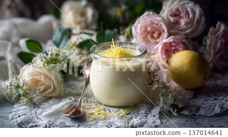 lemon curd or pudding in a small jar, topped with zest, next to a silver spoon and a whole lemon. The background is softly styled with pink and white roses and antique lace. lemon curd or pudding in a small jar, topped with zest, next to a silver spoon and a whole lemon. The background is softly styled with pink and white roses and antique lace. 137014641