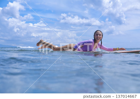 Surfing Morning Workout, Calm Sea And Bright Morning Inspire Physical Training Surfing Morning Workout, Calm Sea And Bright Morning Inspire Physical Training 137014667