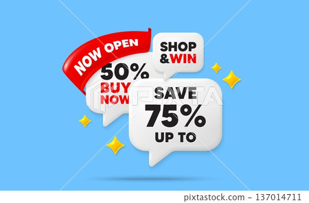 Discount speech bubbles. Now open flag ribbon. Save up to 75 percent. Discount Sale offer price sign. Special offer symbol. Discount chat bubbles with 3d sparkles. Vector 137014711
