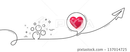 Clean bubbles line icon. Continuous line with share plane. Laundry shampoo sign. Clothing cleaner symbol. 3d heart in speech bubble. Clean bubbles single line ribbon. Loop curve pattern. Vector Clean bubbles line icon. Continuous line with share plane. Laundry shampoo sign. Clothing cleaner symbol. 3d heart in speech bubble. Clean bubbles single line ribbon. Loop curve pattern. Vector 137014725