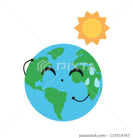 Cute planet Earth and the Sun. Extreme heat. Vector flat illustration isolated on a white background Cute planet Earth and the Sun. Extreme heat. Vector flat illustration isolated on a white background 137014767