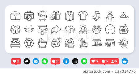 Balcony, Pillows and Discounts cart line icons pack. Social media: share, comment, like icons. Discounts bubble, Hold t-shirt, Wallet web icon. Suit, Bath, T-shirt pictogram. Vector 137014776