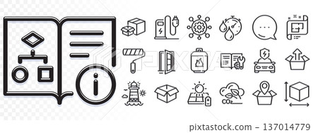 Solar panel, Technical algorithm and Opened box line icons for web app. Glare of light effect. Message icon. Pack of Packing boxes, Engineering documentation, Open door pictogram icons. Vector 137014779