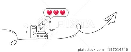 Charging station line icon. Continuous line with share plane. Car charger sign. Electric power symbol. Hearts rate review in speech bubble. Charging station single line ribbon. Vector Charging station line icon. Continuous line with share plane. Car charger sign. Electric power symbol. Hearts rate review in speech bubble. Charging station single line ribbon. Vector 137014846