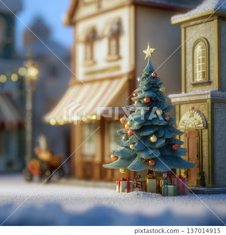 miniature winter street scene, featuring a decorated christmas tree and gifts in fresh snow. A nostalgic and cozy holiday display with classic houses and streetlights blurred in the background. miniature winter street scene, featuring a decorated christmas tree and gifts in fresh snow. A nostalgic and cozy holiday display with classic houses and streetlights blurred in the background. 137014915