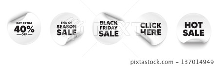 Extra discount sticker tag. Season sale, Black friday paper price banners. Get Extra 40 percent off Sale. Discount offer price sign. Special offer symbol. Save 40 percentages. Vector 137014949