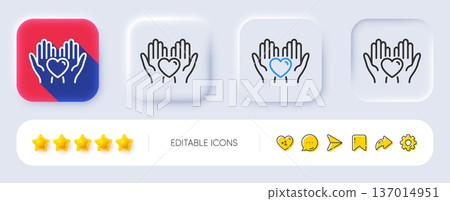Hold heart line icon. Neumorphic, Flat shadow, 3d buttons. Friends love sign. Friendship hand symbol. Line hold heart icon. Social media icons. Vector 137014951