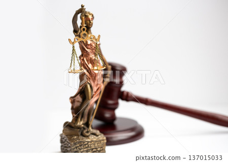 Themis figure and judge's gavel on white background 137015033
