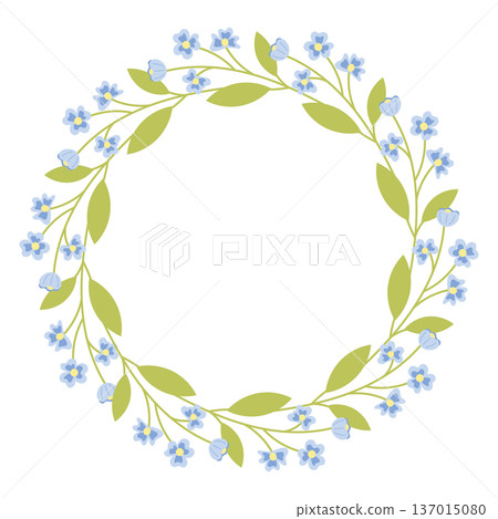 Floral Wreath with Blue Flower and Botanical Round Frame Floral Wreath with Blue Flower and Botanical Round Frame 137015080