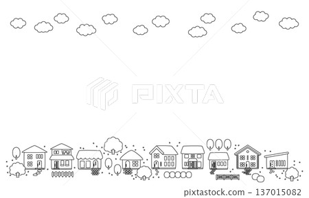 櫻花點綴的春日城鎮風景邊框背景素材_線條畫 137015082