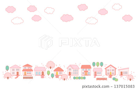 櫻花盛開的春日小鎮景色，構成背景材質_邊緣 137015083